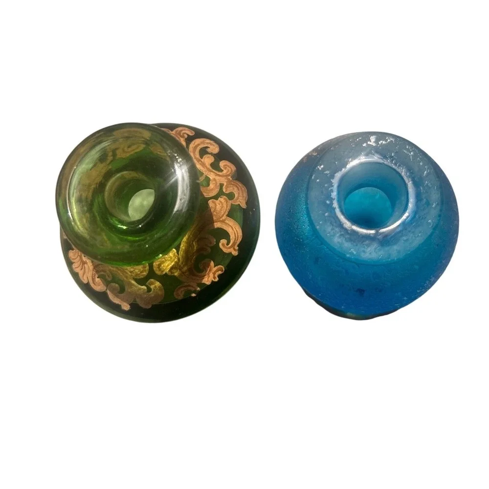 Vintage Miniature Glass Bud Vases Gold Filigree Green Frosted Blue Set of 2